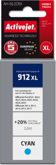 ActiveJet (HP 3YL81AE 912XL) Tinta Cián ActiveJet (HP 3YL81AE 912XL) Tinta Cián