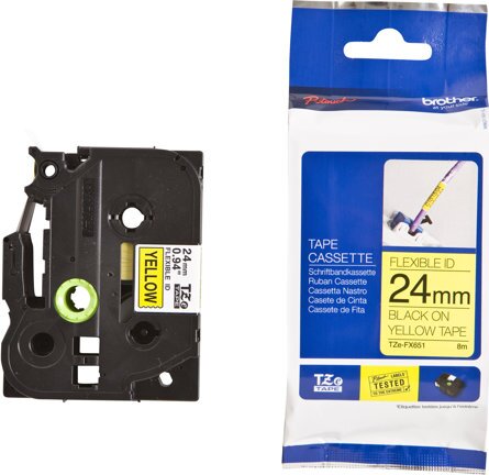 Brother TZEFX651 P-Touch Feliratozógép szalag 24 mm sárga alapon fekete, flexibilis
