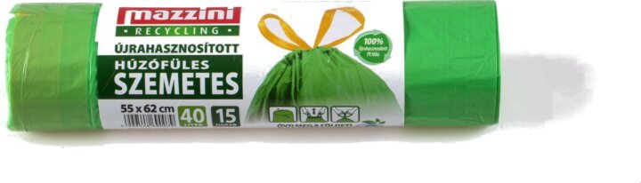 Mazzini Zárószalagos újrahasznosított szemeteszsák 40 l (15 db / tekercs) - Zöld