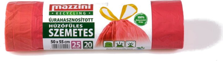Mazzini Zárószalagos újrahasznosított szemeteszsák 25 l (20 db / tekercs) - Piros