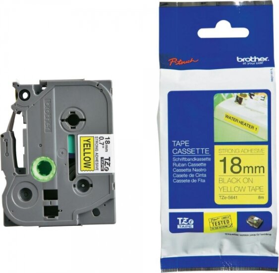 Brother TZES641 P-Touch Feliratozógép szalag 18 mm sárga alapon fekete, erős tapadású