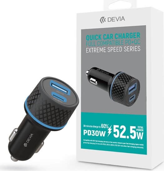 Devia Extreme Speed Series USB-A / USB-C Autós töltő - Fekete (52.5W)