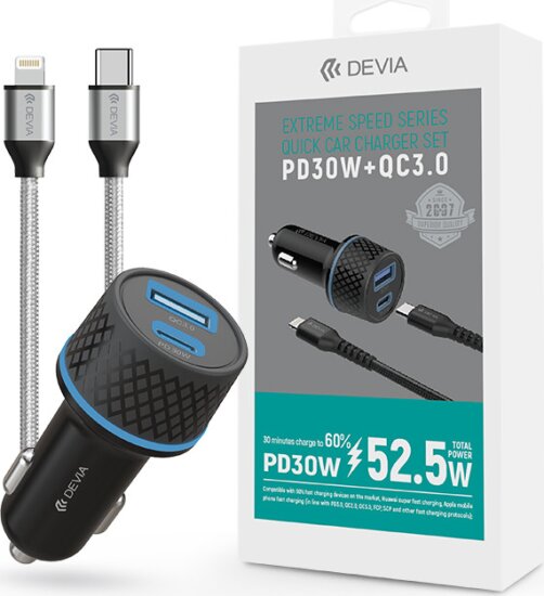 Devia Extreme Speed Series USB-A / USB-C Autós töltő + USB-C - Lightning Kábel - Fekete (52,5W)