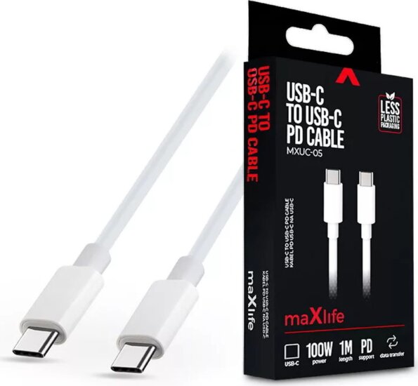Maxlife MXUC-05 USB-C apa - USB-C apa Adat és töltő kábel - Fehér (1m)