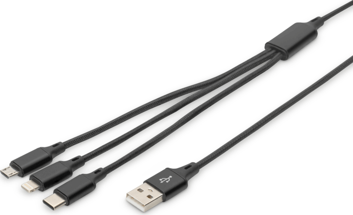 Digitus AK-300160-010-S USB-A apa - Lightning/Micro USB/USB-C apa iPhone Töltőkábel - Fekete (1m)