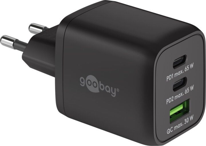 Goobay 64753 2x USB-C / USB-A Hálózati Gyorstöltő Adapter 65W - Fekete