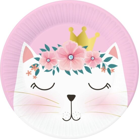 Papírtányér - 18 cm - Virágos cica mintás (6db)