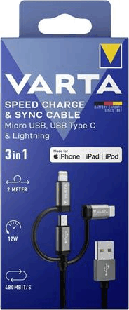 Varta Speed USB-A apa - USB Type-C / MicroUSB / Lightning apa iPhone töltőkábel - Fekete (2m)