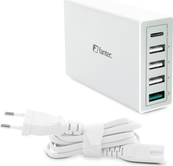 Fantec QC3-A51 USB-C / 4x USB-A Hálózati Gyorstöltő Adapter 40W - Fehér