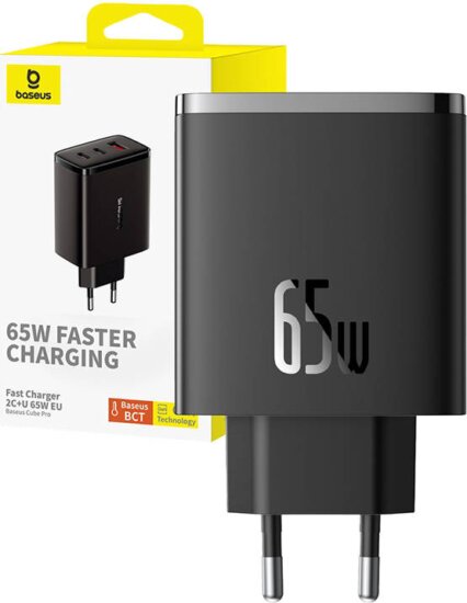Baseus OS-Cube Pro 2x USB Type-C / 1x USB-A Hálózati töltő - Fekete (65W)