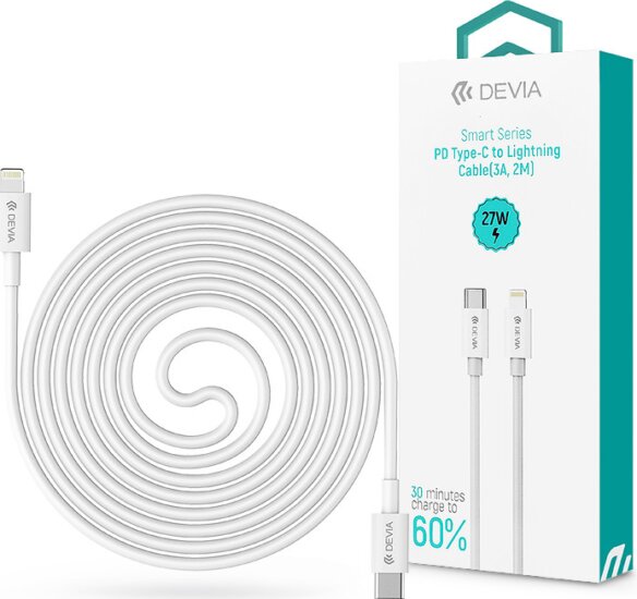 Devia Smart Series ST378805 USB-C apa - Lightning apa 2.0 Adat és töltőkábel - Fehér (2m)
