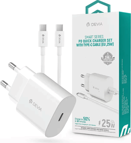 Devia Smart Series ST383373 USB-C Hálózati Töltő Adapter 25W + USB-C kábel - Fehér