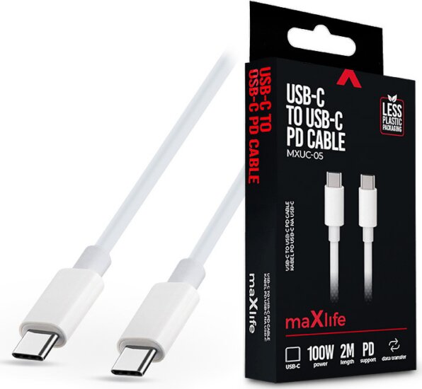 Maxlife TF-0182 USB-C apa - USB-C apa 2.0 Adat és töltőkábel - Fehér (2m)