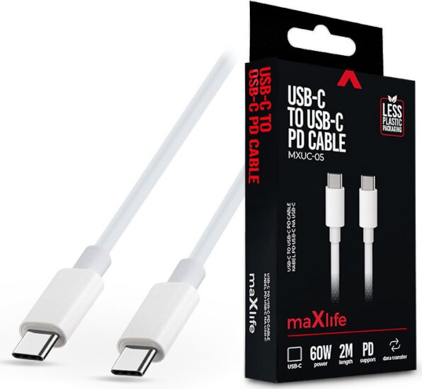 Maxlife TF-0180 USB-C apa - USB-C apa 2.0 Adat és töltőkábel - Fehér (2m)