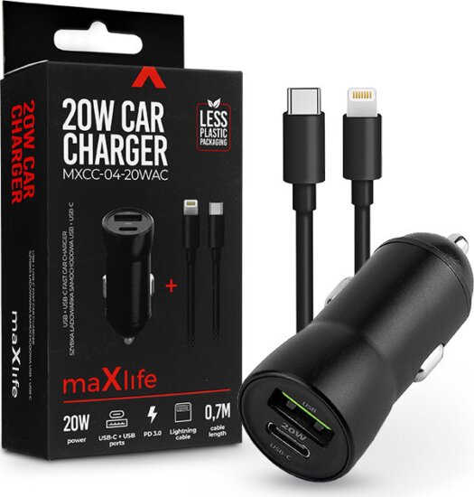 Maxlife ML269386 Szivargyújtós töltő adapter USB / USB Type-C - Fekete (20W)