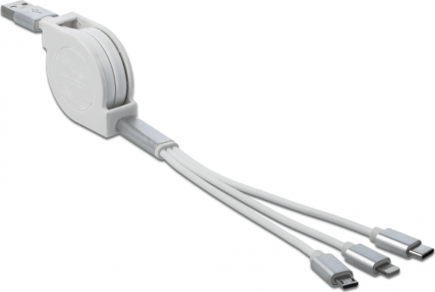 Delock 85850 USB-A apa - USB-C/Micro USB/Lightning apa Visszahúzható töltőkábel - Fehér (1m)