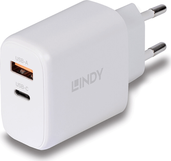 Lindy 73428 1x USB Type-A / 1x USB Type-C GaN Hálózati töltő - Fehér (65W)
