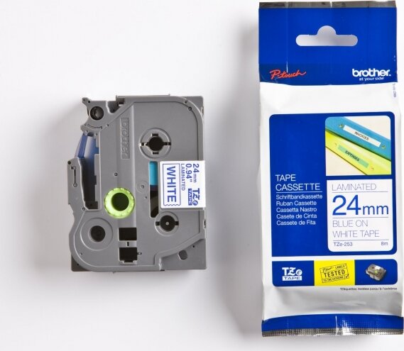 Brother TZE253 P-Touch Feliratozógép szalag 24 mm fehér alapon kék