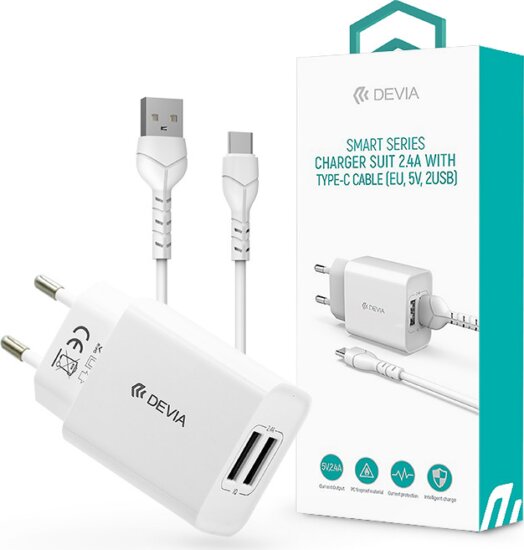 Devia ST364037 2x USB Type-A apa Hálózati töltő + 1m USB Type-C kábel - Fehér (5V / 2.4A)