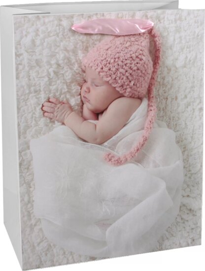 Rózsaszín babás Szalagfüles Papír ajándéktasak (26 x 32 cm) - Fehér