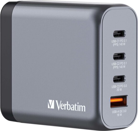 Verbatim GNC-140 GaN 3x USB-C / USB-A Hálózati Gyorstöltő Adapter 140W - Szürke