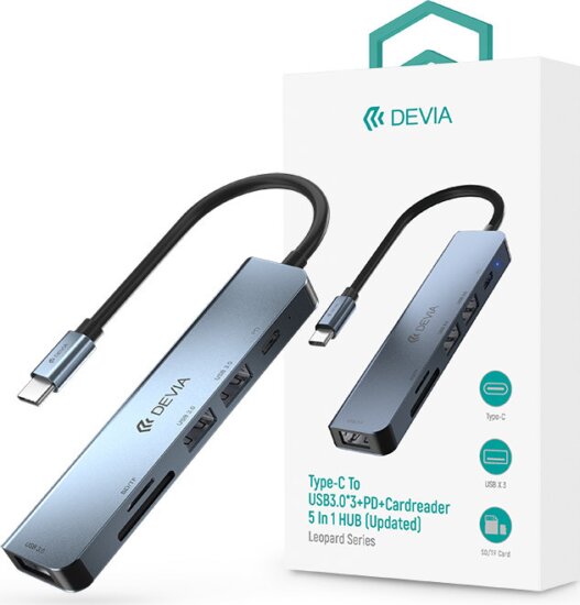 Devia Leopard 5in1 ST384882 USB-C apa - 3x USB-A/USB-C/Kártyaolvasó anya Adapter Devia Leopard 5in1 ST384882 USB-C apa - 3x USB-A/USB-C/Kártyaolvasó anya Adapter