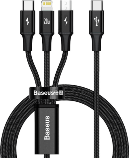 Baseus CAMLT-SC01 USB-C apa - MicroUSB/Lightning/USB C apa iPhone töltőkábel - Fekete(1,5m)