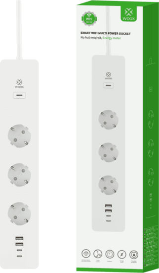WOOX R6132 Okos WiFi Hálózati elosztó 3 aljzatos + 2x USB-A / 2x USB-C 1,5m - Fehér