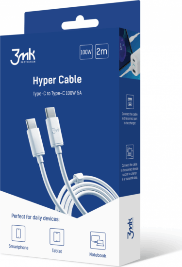3mk Hyper Cable USB-C apa - USB-C apa Adat és töltő kábel - Fehér (2m)