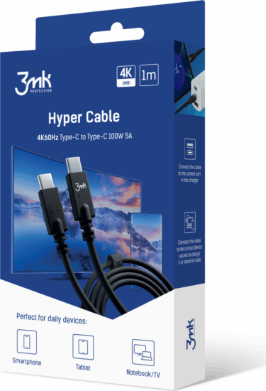 3mk Hyper Cable 4k60Hz USB-C apa - USB-C apa Adat és töltő kábel - Fekete (1m)
