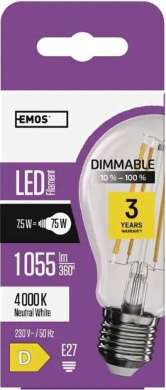Emos LED Filament Izzó Dimmelhető 7,5W 1055lm 4 000K E27 - Természetes Fehér