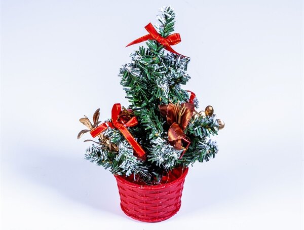 IRIS KT-261-R Asztali kis műfenyő Dekoráció piros díszekkel - 20cm