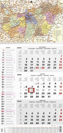 Kalendart 290 x 628mm 2025 Három Havi Speditőrnaptár - Magyarország Térkép