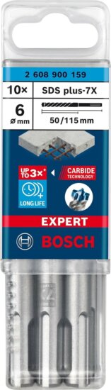 Bosch Ø 6,0 x 50/115mm Expert SDS Plus-7X Beton fúrószár 10db Bosch Ø 6,0 x 50/115mm Expert SDS Plus-7X Beton fúrószár 10db
