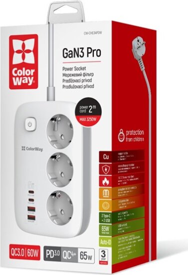 Colorway 220V 2x USB-A / 2x USB-C Hálózati elosztó 3 aljzatos 2m - Fehér