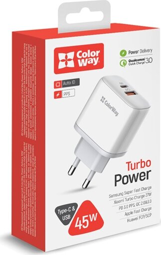 Colorway CW-CHS042PD-WT USB-A / USB-C Hálózati Gyorstöltő Adapter 45W - Fehér
