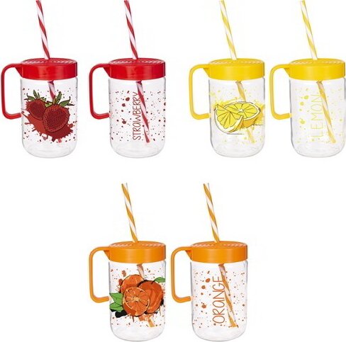 Iris 660 ml Műanyag bögre szívószállal - Citrom/eper/narancs mintás