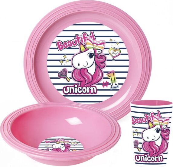 Iris Unikornis Műanyag gyerek reggeliző 3 darabos szett - Rózsaszín mintás