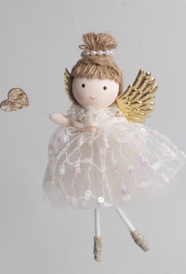 Iris Karácsonyi Textil felakasztható angyal szívvel 17cm - Krém