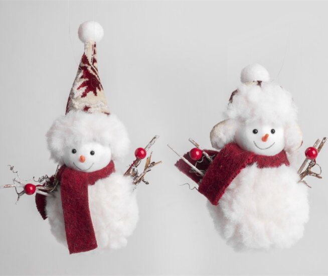 Iris Karácsonyi Felakasztható textil hóember 12cm - Fehér / bordó