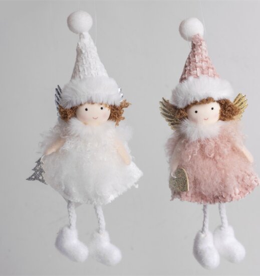 Iris Karácsonyi Felakasztható textil angyal bundás figura 19cm - Fehér / Meleg színek