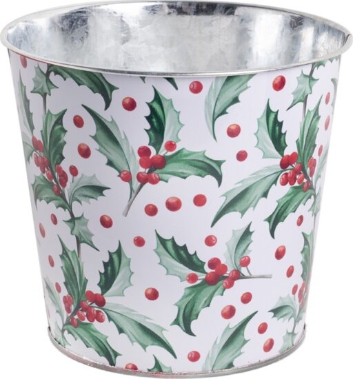 Iris Karácsonyi kerek bádog kaspó 13,5x15 cm - Piros ilex minta