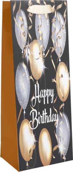 Iris Szalagfüles Papír boros ajándéktasak születésnapra (12 x 36 cm) - Fekete/Arany