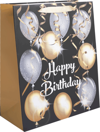 Iris Lufi mintás Szalagfüles Papír ajándéktasak születésnapra (18 x 23 cm) - Fekete/Arany Iris Lufi mintás Szalagfüles Papír ajándéktasak születésnapra (18 x 23 cm) - Fekete/Arany