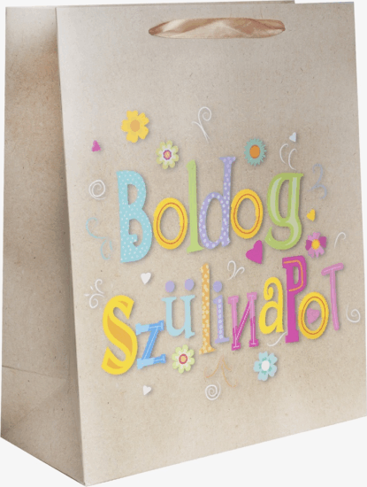 Iris feliratos Szalagfüles Papír ajándéktasak születésnapra (26 x 32 cm) - Drapp