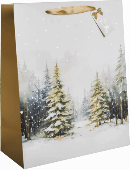 Iris havas fenyőfa mintás Szalagfüles Papír ajándéktasak (26x32 cm) - Arany/Fehér