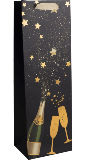 Iris Szilveszteri Szalagfüles Papír boros/pezsgős ajándéktasak (12x36 cm) - Fekete/mintás