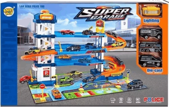 POLICE 64 darabos Négyemeletes rendőrségi parkoló játékszett 3 kisautóval 1:64