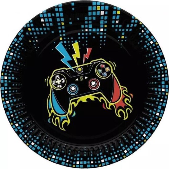 Vidám kontroller mintás papírtányér - 8 darab / csomag