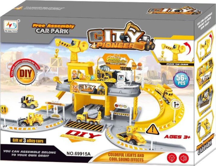 Manyuk Toys Átalakítható parkolóház daruval és kisautókkal